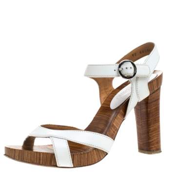 Pre Owned Salvatore Ferragamo White/Brown Textured Leather Open Toe Ankle Strap Sandals Size 39.5