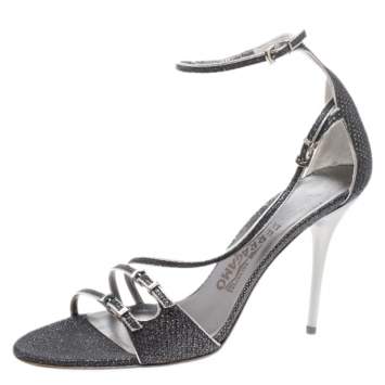 Pre Owned Salvatore Ferragamo Grey/Silver Glitter Lizard Buckle Detail Open Toe Sandals Size 39