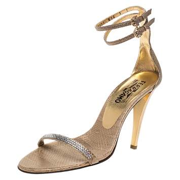 Pre Owned Salvatore Ferragamo Gold Snakeskin Tirosana Ankle Strap Sandals Size 39.5