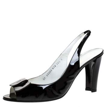 Pre Owned Salvatore Ferragamo Black Patent Leather Bow Peep Toe Slingback Sandals Size 41