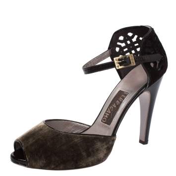 Pre Owned Salvatore Ferragamo Brown Cut Out Suede And Velvet Rarete Ankle Strap Sandals Size 41