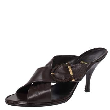 Pre Owned Salvatore Ferragamo Dark Brown Leather Criss Cross Buckle Sandals Size 41