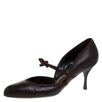 Pre Owned Salvatore Ferragamo Brown Leather And Grosgrain Trim Bow Round Toe Pumps Size 36.5