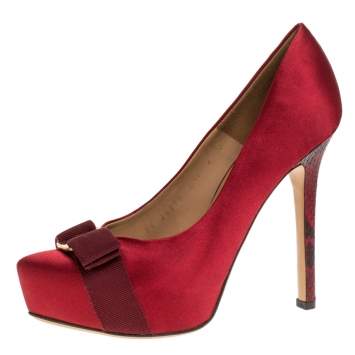 Pre Owned Salvatore Ferragamo Red Satin And Python Carla Vara Bow Pumps Size 36.5
