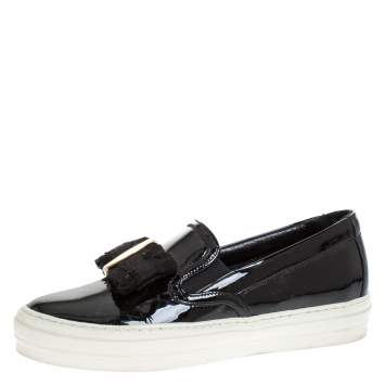 Pre Owned Salvatore Ferragamo Black Patent Leather Bow Slip On Sneakers Size 36.5