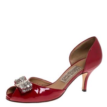 Pre Owned Salvatore Ferragamo Red Patent Leather Belinda Bow Pumps Size 37