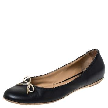 Pre Owned Salvatore Ferragamo Black/Gold Leather Bow Ballet Flats Size 40