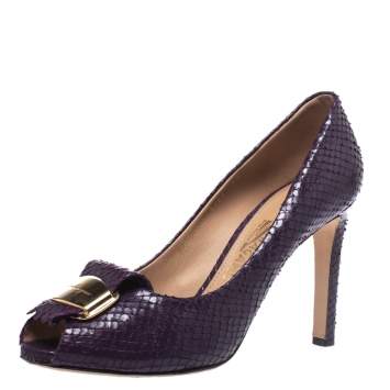 Pre Owned Salvatore Ferragamo Purple Snakeskin Embossed Leather Logo Fringed Peep Toe Pumps Size 40.5