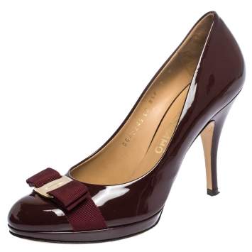 Pre Owned Salvatore Ferragamo Burgundy Patent Leather Carla Vara Bow Pumps Size 39.5
