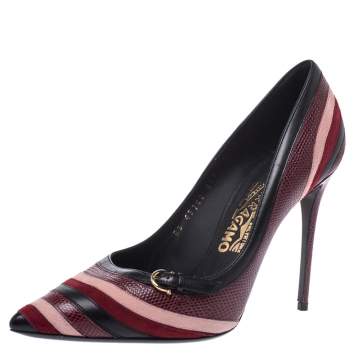 Pre Owned Salvatore Ferragamo Multicolor Lizard Leather, Suede And Leather Farida Pointed Toe Pumps Size 38.5