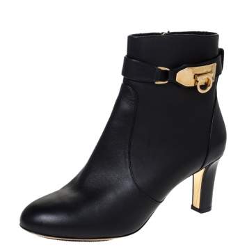 Pre Owned Salvatore Ferragamo Black Leather Gancini Lock Ankle Boots Size 38.5