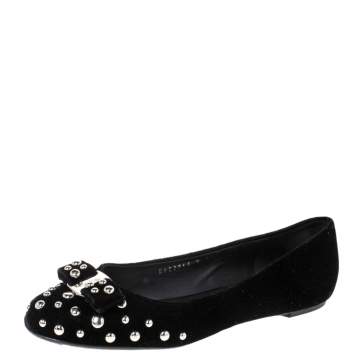 Pre Owned Salvatore Ferragamo Black Velvet Varina Studded Bow Ballet Flats Size 40