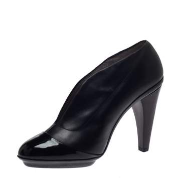 Pre Owned Salvatore Ferragamo Black Leather And Patent Nasya Platform Booties Size 38.5