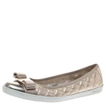 Pre Owned Salvatore Ferragamo Metallic Gold Quilted Leather Rufina Vara Bow Ballet Flats Size 38