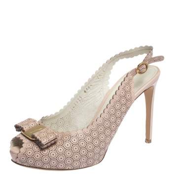 Pre Owned Salvatore Ferragamo Pink Laser Cut Scalloped Trim Leather Peep Toe Slingback Sandals Size 38