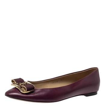 Pre Owned Salvatore Ferragamo Burgundy Leather Bow Ballet Flats Size 38.5