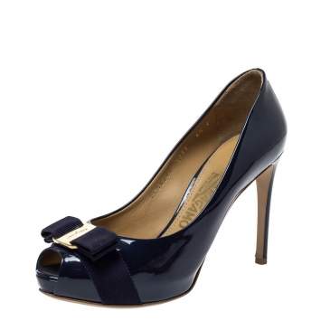 Pre Owned Salvatore Ferragamo Blue Patent Leather Vara Bow Peep Toe Pumps Size 37