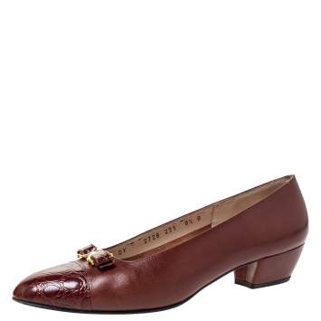 مملوكة مسبقًا Salvatore Ferragamo Brown Leather And Croc Bow Cap Toe Ballet Flats Size 39