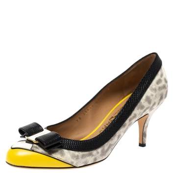 Pre Owned Salvatore Ferragamo Tricolor Lizard Embossed Leather Vara Bow Pumps Size 37.5