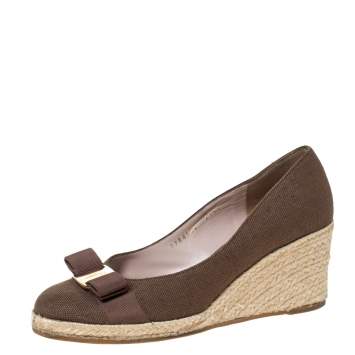 Pre Owned Salvatore Ferragamo Brown Canvas Bow Detailed 'Darly' Espadrille Wedges Size 38.5
