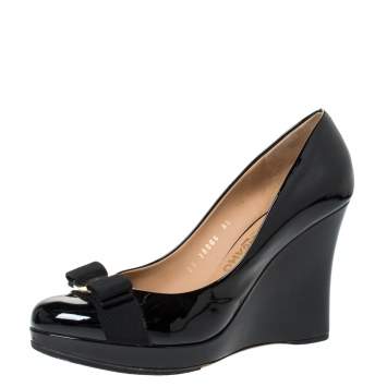Pre Owned Salvatore Ferragamo Black Patent Leather Tosca Wedge Platform Pumps Size 40