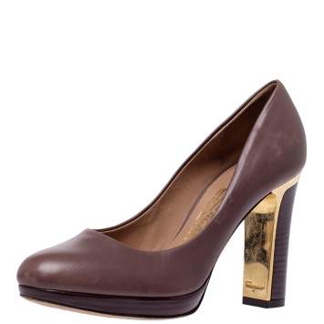 Pre Owned Salvatore Ferragamo Brown Leather Platform Pumps Size 35.5 