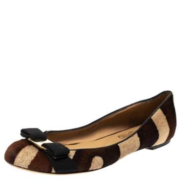 Pre Owned Salvatore Ferragamo Multicolor Calf Hair Varina Bow Ballet Flats Size 38.5