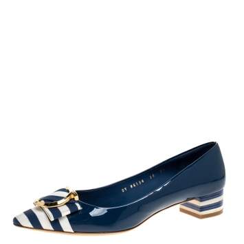 Pre Owned Salvatore Ferragamo Blue Patent Leather and Fabric Fele Gancio Pointed Pumps Size 41.5