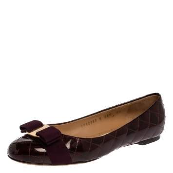 Pre Owned Salvatore Ferragamo Burgundy Quilted Patent Leather Varina Vara Bow Flats Size 37