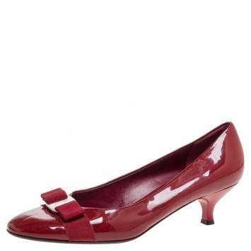 Pre Owned Salvatore Ferragamo Red Patent Leather Vara Bow Pumps Size 40.5