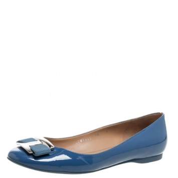 Pre Owned Salvatore Ferragamo Blue Patent Leather Ninna Kangaroo Bow Ballet Flats Size 38.5