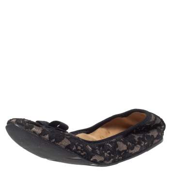 Pre Owned Salvatore Ferragamo Black Lace My Joy Bow Scrunch Ballet Flats Size 38