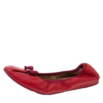 Pre Owned Salvatore Ferragamo Red Leather My Joy Scrunch Ballet Flats Size 38