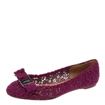 Pre Owned Salvatore Ferragamo Purple Floral Crochet Lace Estelle Bow Ballet Flat Size 37