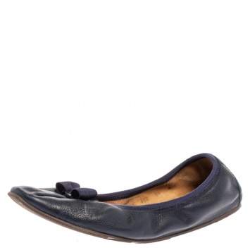Pre Owned Salvatore Ferragamo Blue Leather Bow Scrunch Ballet Flats Size 40