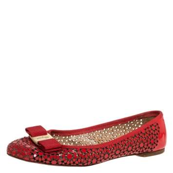 Pre Owned Salvatore Ferragamo Red Patent Leather Laser Cut Ballet Flats Size 37.5