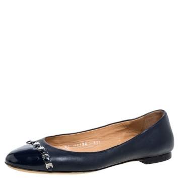 Pre Owned Salvatore Ferragamo Navy Blue Leather Pim Chain Ballet Flats Size 38