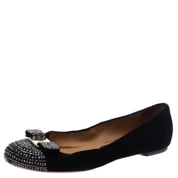 Pre Owned Salvatore Ferragamo Black Suede Crystal Bow Ballet Flats Size 39.5