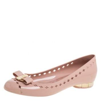 Pre Owned Salvatore Ferragamo Beige Jelly Bow Ballet Flats Size 38.5