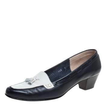 Pre Owned Salvatore Ferragamo Black Leather Fringe Bow Detail Loafers Pumps Size 39.5