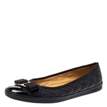 Pre Owned Salvatore Ferragamo Black Quilted Leather Varina Ballet Flats Size 37