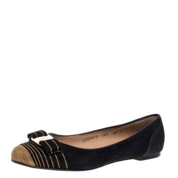 Pre Owned Salvatore Ferragamo Black Suede Vara Bow Ballet Flats Size 37