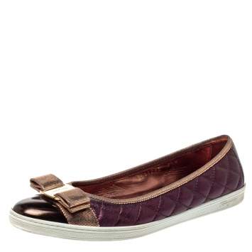 Pre Owned Salvatore Ferragamo Metallic Brown/Purple Leather Rufina Vara Bow Ballet Size 38