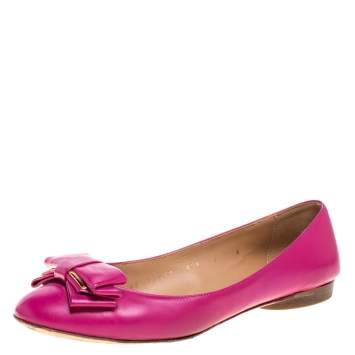 Pre Owned Salvatore Ferragamo Pink Leather Bow Ballet Flats Size 36.5