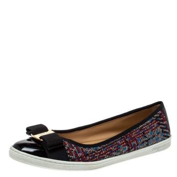 Pre Owned Salvatore Ferragamo Black Tweed Fabric and Patent Leather Rufina Vara Bow Ballet Size 37.5