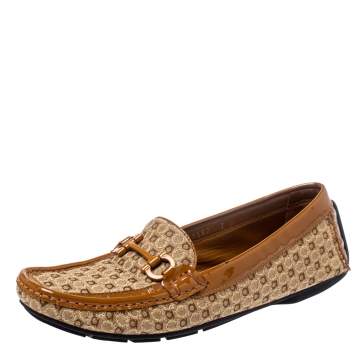 Pre Owned Salvatore Ferragamo Beige/Caramel Gancini Canvas and Patent Leather Loafers Size 37.5