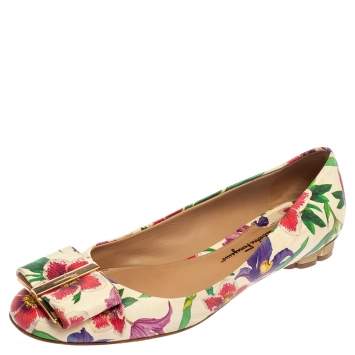 Pre Owned Salvatore Ferragamo Multicolor Floral Print Leather Avola Bow Ballet Flats Size 38