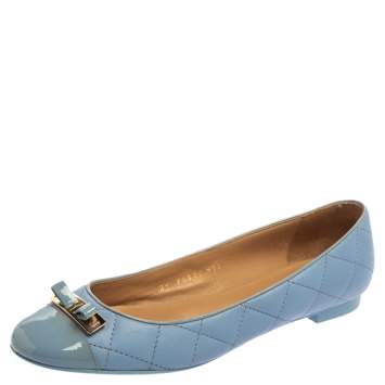 Pre Owned Salvatore Ferragamo Blue Quilted Leather Bow Ballet Flats Size 38