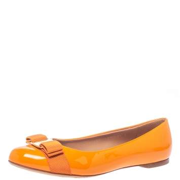 Pre Owned Salvatore Ferragamo Yellow Patent Leather Vara Bow Ballet Flats Size 38