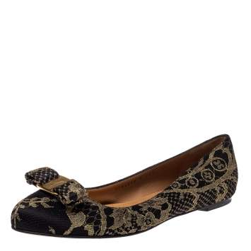 Pre Owned Salvatore Ferragamo Black/Gold Satin And Lace Tarita Ballet Flats Size 40